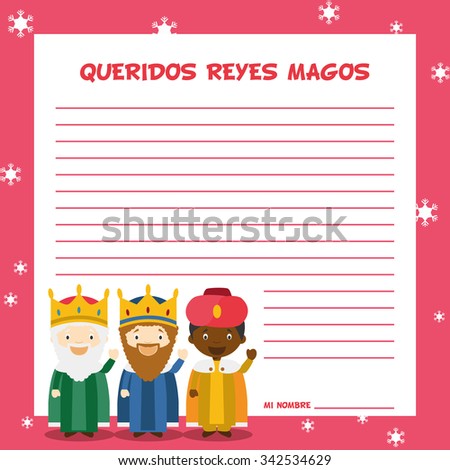 Three Wise Men letter template vector illustration for Christmas time in Spanish, with child characters.