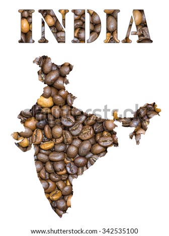 Roasted brown coffee beans background with the shape of the word India and the country geographical map outline. Image isolated on a white background.