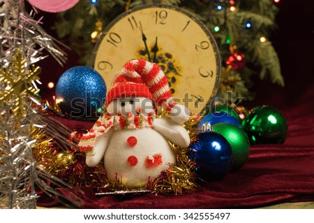 Vintage New Year snowman on the background of the Christmas tree. Trendy selective focus. The warm color of the scene.