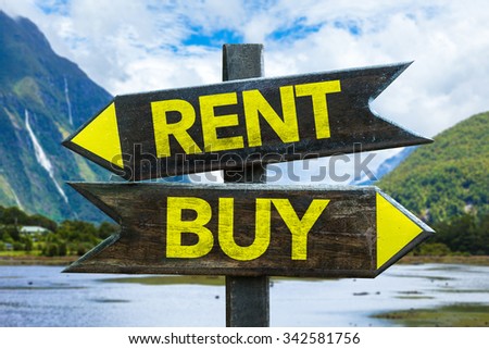 Rent - Buy signpost with mountains on background