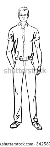 Fashion illustration of man. Hand drawn ink outline sketch isolated on white. Clip art