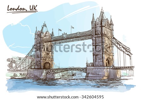 River Thames  panorama with The Tower Bridge. Painted sketch. EPS10 vector illustration. Royalty-Free Stock Photo #342604595