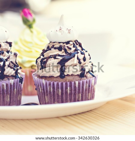 Chocolate Cupcake with chocolate frosting on the table