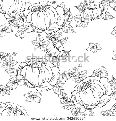 Black And White Pattern of Flowers. Floral Seamless Outline Monochrome Ornament. Wildflowers, Dog Rose, Peonies Sketchy Background. 