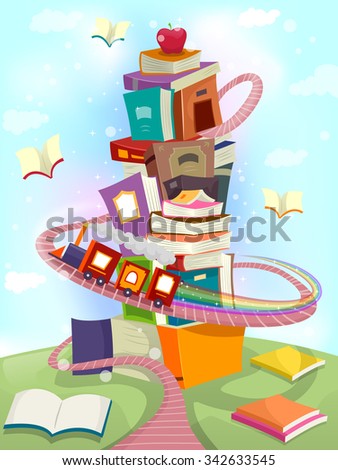Whimsical Illustration of a Toy Train Circling Around a Tower of Books - eps10