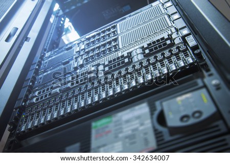 Server technology in datacenter from bottom view with depth of field