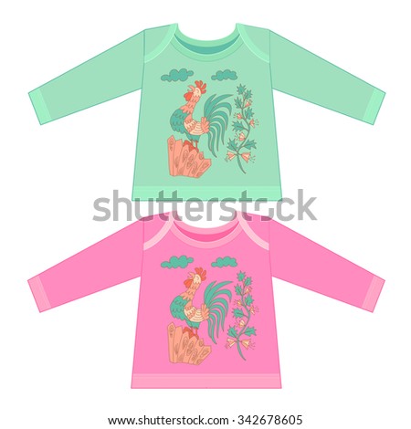 Baby clothes with cartoon animals. Sketchy little rooster sitting on a fence and singing his morning song in cartoon style.