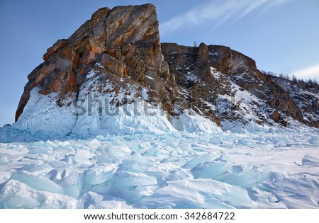 Winter siberian landscape with view on Hoboi cape - the nortern part of  Olkhon island on Baikal lake