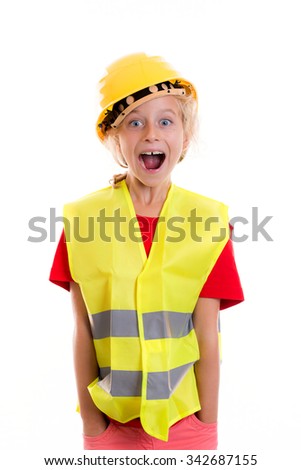 blond girl with reflective vest and helmet in front of white background