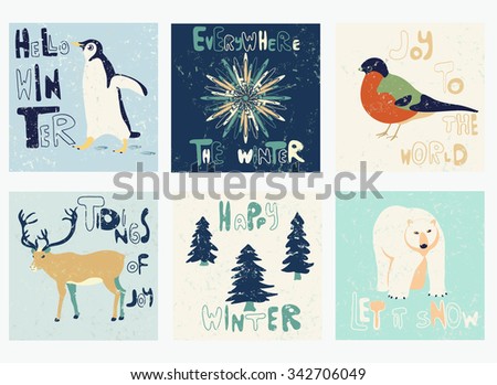 Vector template greetings set. Textured winter pattern for placards, brochures, posters, greeting cards, flyers with deer, bear, penguin, christmas tree, snowflake, bullfinch. 