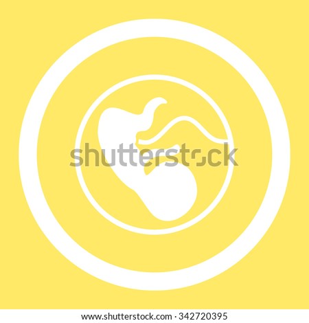 Pregnancy vector icon. Style is flat rounded symbol, white color, rounded angles, yellow background.