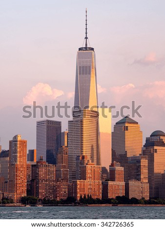 Skyline of the Financial District in New York City at sunset