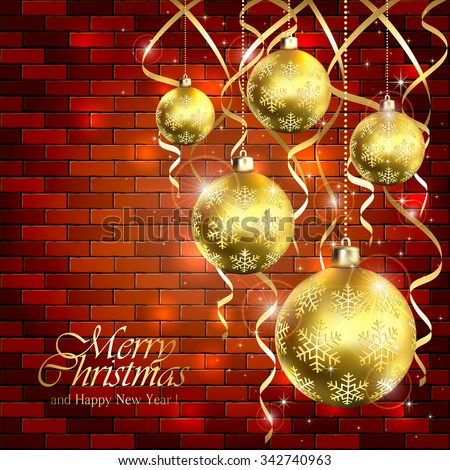 Holiday background with golden Christmas balls and tinsel on a brick wall, illustration.