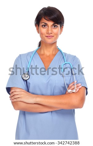 Young medical doctor woman isolated over white background.