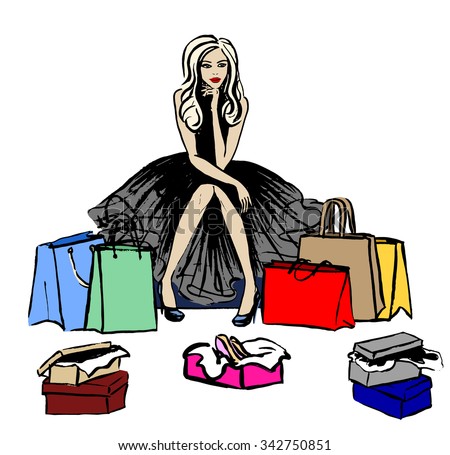 Fashion illustration of thinking woman in shop with shopping bags and boxes with shoes. Hand drawn ink sketch isolated on white. Clip art