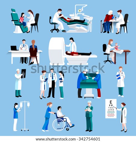 Medical doctor and nurse patients treatments and examination flat  pictograms with healthcare symbols abstract isolated vector illustration