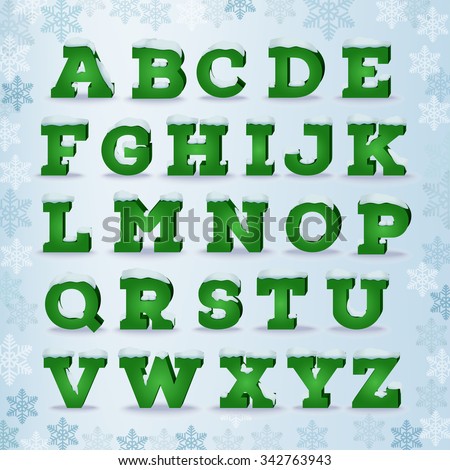 Christmas green alphabet in 3d style with snow cap effect. EPS 10 vector illustration, transparent shadow