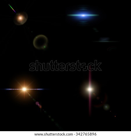 collage with colorful bright stars and Rays on black background