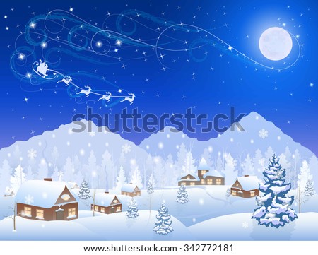 winter snowing village and christmas tree at night, santa claus in sleigh, mountains on the horizon, big moon in the starry sky, vector background