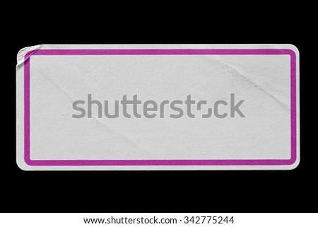 Blank Paper Tag or Label with Pink Border isolated on Black Background. Sticker or Paper Adhesive with Wrinkles and Scratches. Close Up. Top View with Copy Space for Text or Image