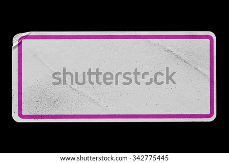 Blank Paper Tag or Label with Pink Border isolated on Black Background. Sticker or Paper Adhesive with Wrinkles and Scratches. Close Up. Top View with Copy Space for Text or Image