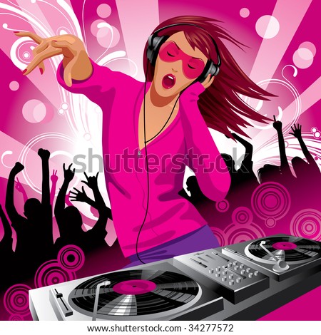Isolated raster version of vector image of beautiful DJ girl and people dancing at a party (contain the Clipping Path of the girl with Control Panel)