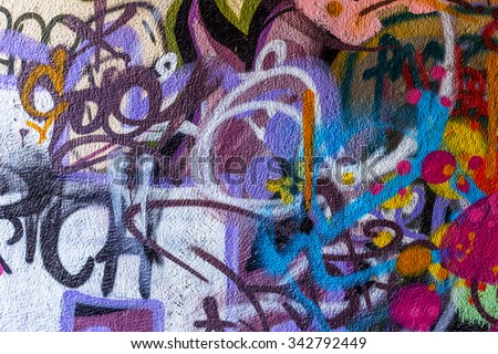 Beautiful street art of graffiti. Abstract color creative drawing fashion on walls of  city. Urban contemporary culture. Title paint on walls. Culture youth protest. ABSTRACT PICTURE Royalty-Free Stock Photo #342792449