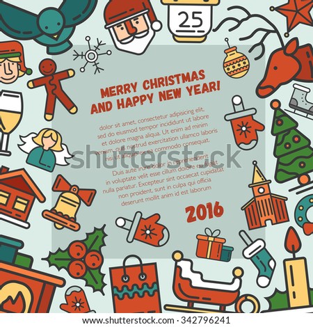 Illustration of vector  Christmas and Happy New Year flat design invitation template with icons