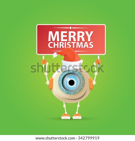 Cartoon Cute Robot with merry christmas santa claus red hat. merry christmas card design template or background