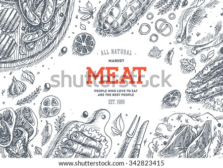 Meat market  frame. Linear graphic. Vector illustration Royalty-Free Stock Photo #342823415