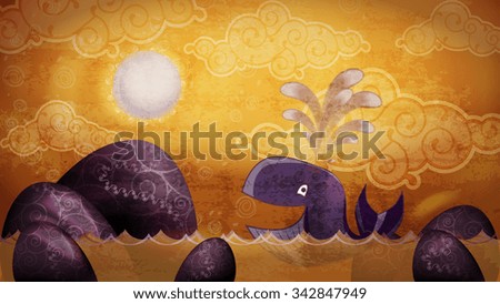 Cartoon style whale and sunset