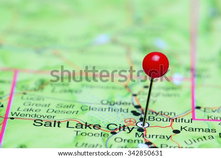 Salt Lake City pinned on a map of USA
