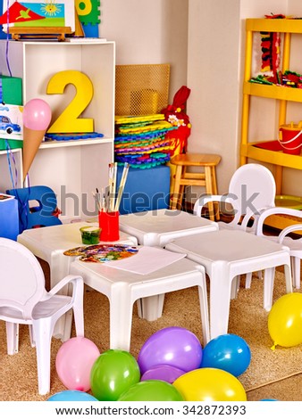 Interior of game room in preschool  kindergarten. No people.
