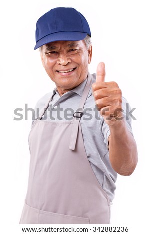 smiling happy worker giving thumb up hand gesture