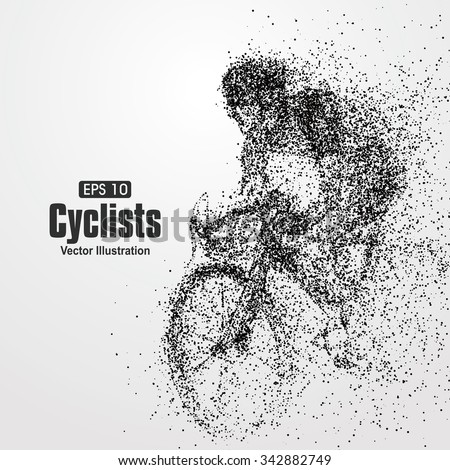 Cyclists, particle divergent composition, vector illustration.