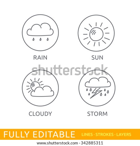 Weather icon set.  Rain Sun Cloudy and Storm. Hand drawn doodle editable stroke icons for web graphics.
