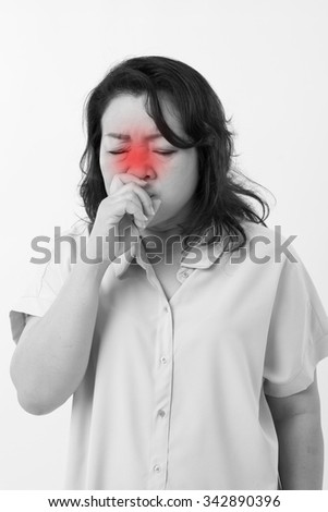 sick woman suffering from runny nose, flu, cold