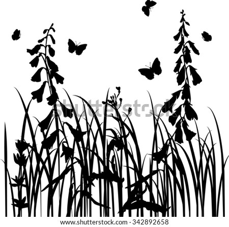 grass silhouettes,  wild flowers, herbs and leaves,  field plants and butterflies, monochrome vector floral background