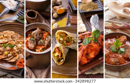 A portrait of various indian food buffet, collage Royalty-Free Stock Photo #342898277