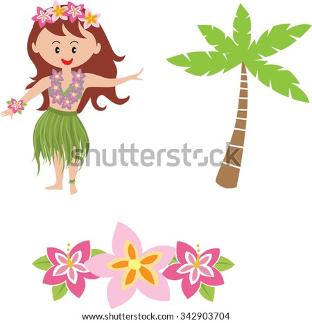 Cute cartoon hula girl with cartoon Hawaiian palm tree and hibiscus flowers