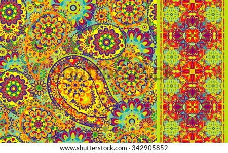 Set of colorful paisley seamless pattern and stripped. Vintage paisley background.