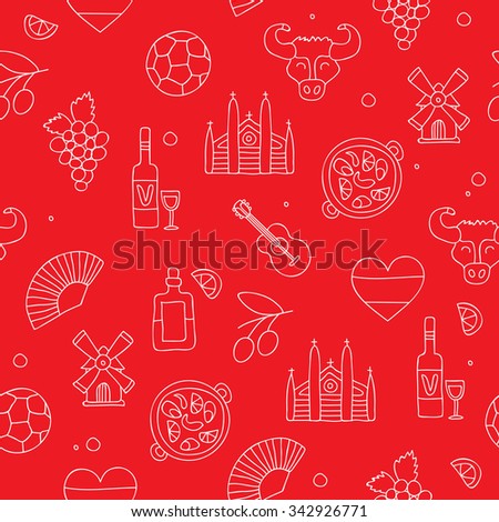 Seamless vector pattern of the Spanish white icons on a red background, painted by hand.
