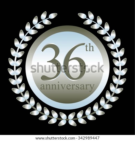  Vector illustration of 36 th anniversary. Silver laurel wreath on a black background