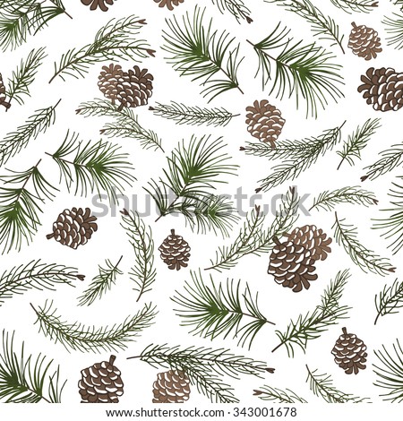 Christmas tree green branches,pine cone  in seamless pattern background.Fir,spruce design element for backdrop,wallpaper,wrap.New year holiday vector