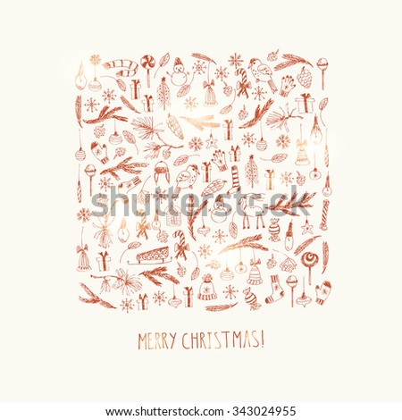 Hand drawn doodle vector illustration. Shining foil like drawings. Christmas card with Christmas tree, fir branches, ornaments, snowflakes, socks, mittens, cones.