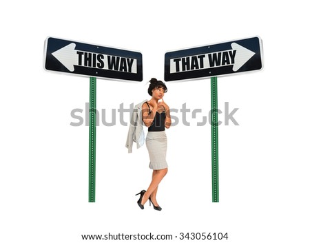 Decisions This Way That Way Directional Arrows Professional Woman thinking about the choices isolated on white background
