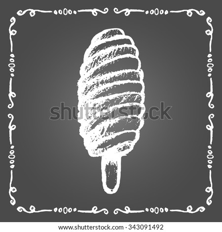 Chalk spiral ice cream popsicle and vintage frame on gray background.