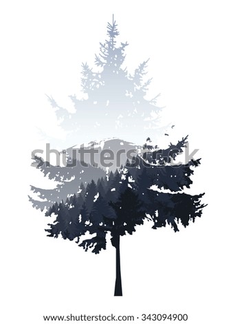 Natural silhouette of coniferous tree with panorama of grey mountains. Grey sky. 