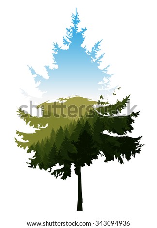 Silhouette of coniferous tree with panorama of mountains. Blue sky. 