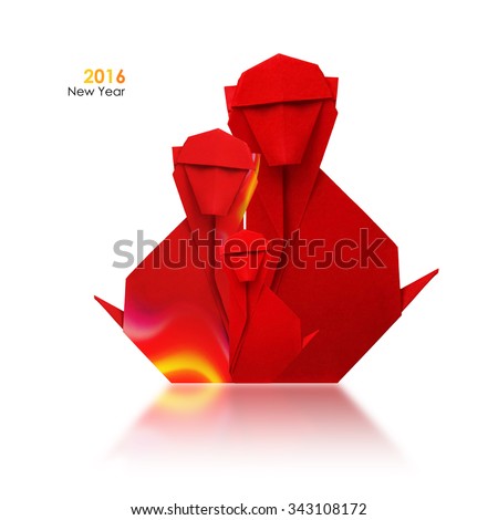 2016 new year simbol origami red fire monkey family on a white background